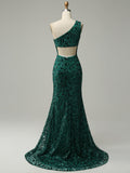 Mermaid Peacock Sparkly Green Long Prom Dress with Slit