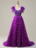 Purple A Line Strapless Tiered Tulle Long Prom Dress With Slit