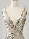 Golden Deep V Neck Stripes Sleeveless Long Prom Dress with Slit