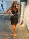 Sequins V-neck Black Homecoming Party Short Dress with Tassels