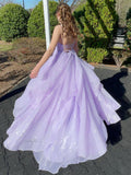 A Line Ruffles Tulle Spaghetti Straps Long Prom Dress