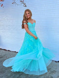 A Line Navy Straps Lace Long Prom Dress