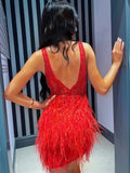 Sequins V-neck Red Homecoming Party Short Dress with Tassels