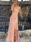 Pink Strapless Floral Long Prom Dress with Split