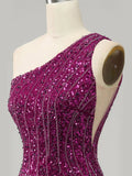 Purple Sparkly Mermaid Sequins One Shoulder Long Prom Dress with Slit