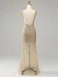Golden Deep V Neck Stripes Backless Sleeveless Long Prom Dress