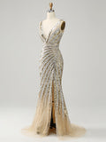 Golden Deep V Neck Stripes Sleeveless Long Prom Dress with Slit