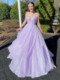 A Line Ruffles Tulle Spaghetti Straps Long Prom Dress