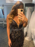 Sequins V-neck Black Homecoming Party Short Dress with Tassels