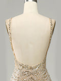 Golden Deep V Neck Stripes Backless Sleeveless Long Prom Dress