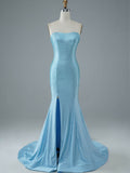 Light Blue Strapless Mermaid Bodycon Prom Long Dress