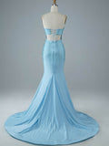 Light Blue Strapless Mermaid Bodycon Prom Long Dress