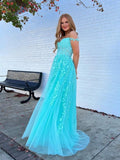 A Line Navy Straps Lace Long Prom Dress