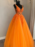 Deep V Neck A-Line Sleeveless Yellow Long Prom Dress with Appliques