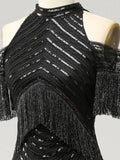 Black Glitter Mermaid Tassels Unique Long Prom Dress