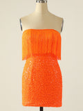 Sparkly Strapless Orange Homecoming Short Dress With Taasels