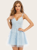 A-Line Blue V Neck Short Party Homecoming Dress With Appliques