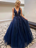 Deep V Neck A-Line Sleeveless Yellow Long Prom Dress with Appliques