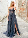 A Line Navy Straps Lace Long Prom Dress