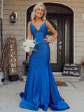 Sparkly Mermaid Royal Blue V Neck Long Prom Dress with Sequins