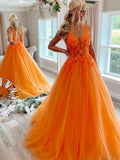 Deep V Neck A-Line Sleeveless Yellow Long Prom Dress with Appliques