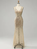 Golden Deep V Neck Stripes Backless Sleeveless Long Prom Dress