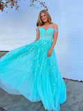 A Line Navy Straps Lace Long Prom Dress