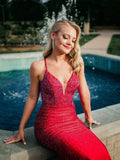 V Neck Glitter Mermaid Red Backless Prom Dress