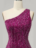 Purple Sparkly Mermaid Sequins One Shoulder Long Prom Dress with Slit