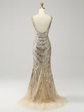 Golden Deep V Neck Stripes Sleeveless Long Prom Dress with Slit