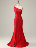 Dark Red Glitter Mermaid One Shoulder Long Prom Dress