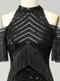 Black Glitter Mermaid Tassels Unique Long Prom Dress