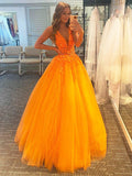 Deep V Neck A-Line Sleeveless Yellow Long Prom Dress with Appliques