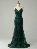 Peacock Green Glitter Mermaid Sleeveless Bodycon Long Prom Dress With Appliques