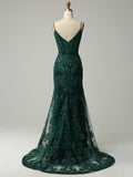 Peacock Green Glitter Mermaid Sleeveless Bodycon Long Prom Dress With Appliques