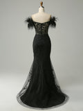 Strapless Black V Neck Feather Glitter Mermaid Long Prom Dress