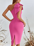 Pink Bodycon Sleeveless One Shoulder Midi Bandage Dress With Bow-knot