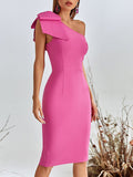 Pink Bodycon Sleeveless One Shoulder Midi Bandage Dress With Bow-knot