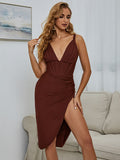 Burgundy V Neck Midi Bandage Dress