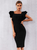 Black Square Neck Short Sleeve Midi Bandage Dress