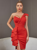 Red One Shoulder V Neck Ruffle Midi Bandage Dress