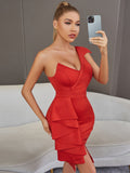 Red One Shoulder V Neck Ruffle Midi Bandage Dress