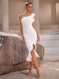 White One Shoulder Ruffle Tight Bandage Midi Dress