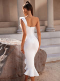 White One Shoulder Ruffle Tight Bandage Midi Dress