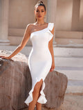 White One Shoulder Ruffle Tight Bandage Midi Dress