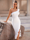 White One Shoulder Ruffle Tight Bandage Midi Dress