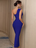 Sky Blue One Shoulder Tight Bandage Long Dress