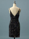 V Neck Black Tight Beading Homecoming Short Dress with Sequins