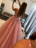 Deep V Neck A-Line Sleeveless Yellow Long Prom Dress with Appliques