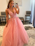 Deep V Neck A-Line Sleeveless Yellow Long Prom Dress with Appliques